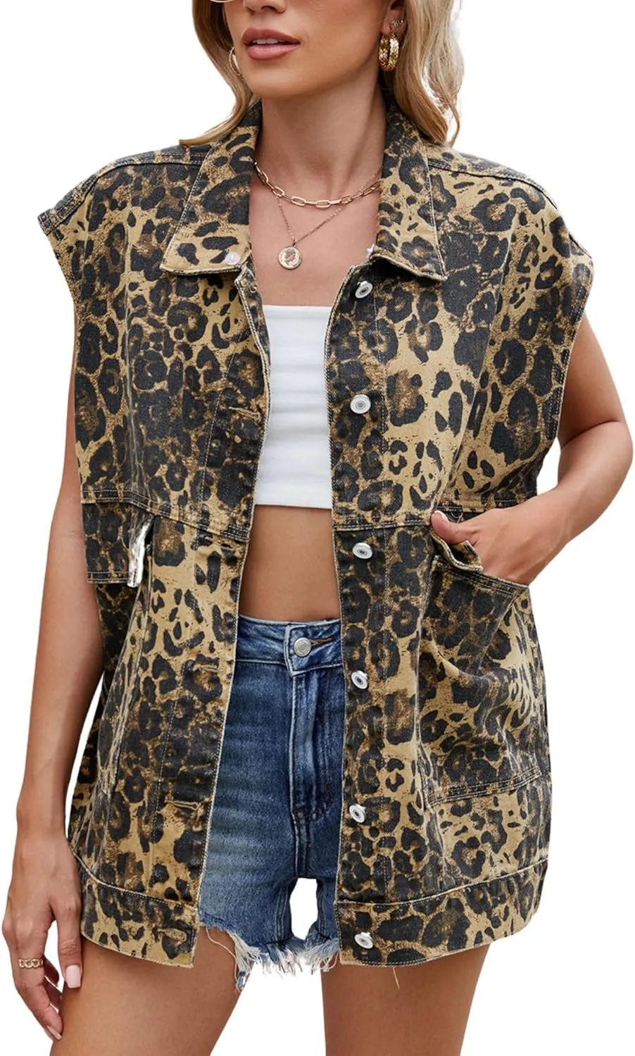 FindThy Womens Oversized Denim Vest Leopard Print Mid Long Jean Vest Button Down Waistcoat Gilet