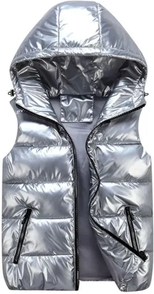 FindThy Womens Shiny Puffer Down Vest Quilted Zip Up Hat Collar Pocketed Sleeveless Jacket