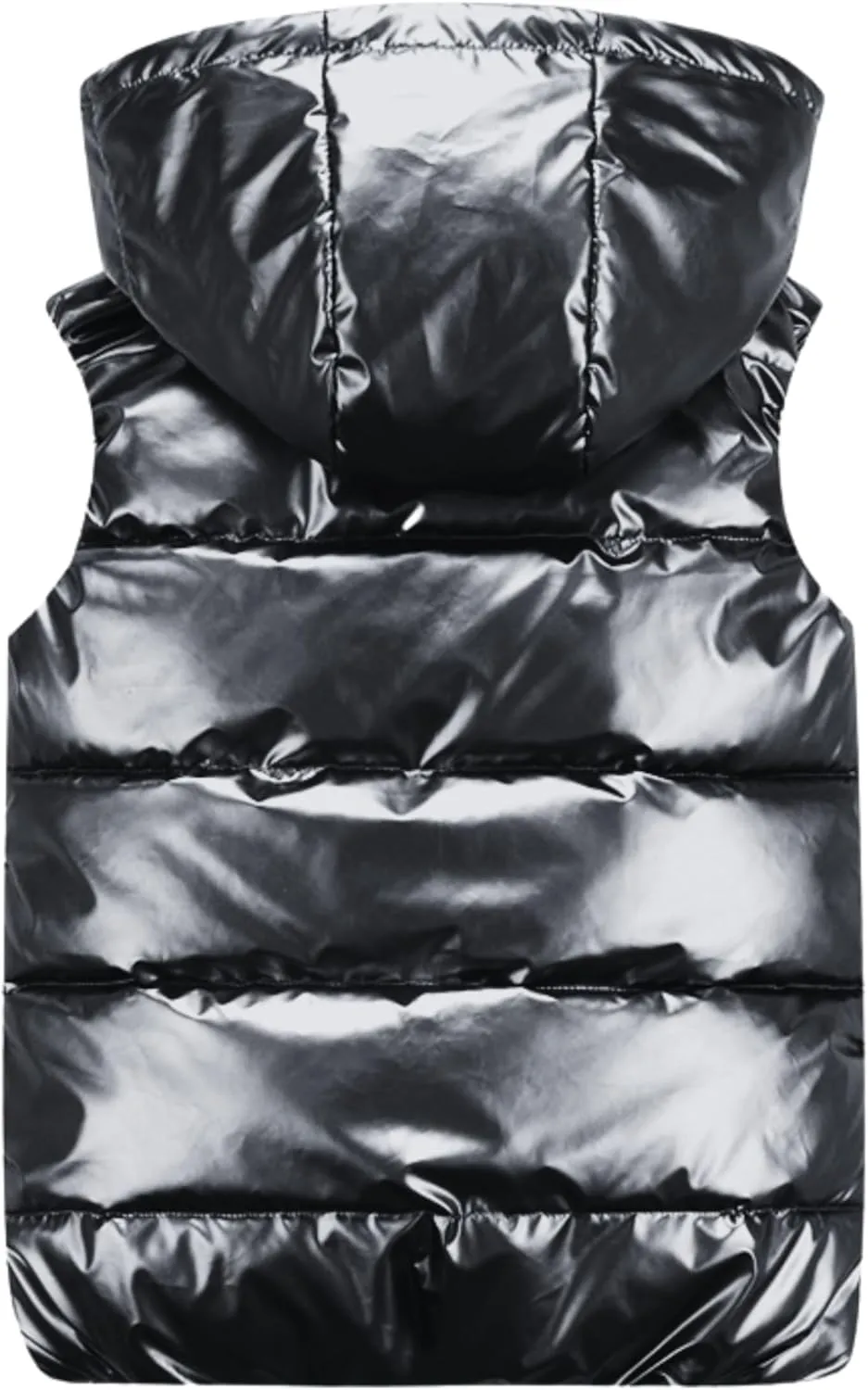 FindThy Womens Shiny Puffer Down Vest Quilted Zip Up Hat Collar Pocketed Sleeveless Jacket