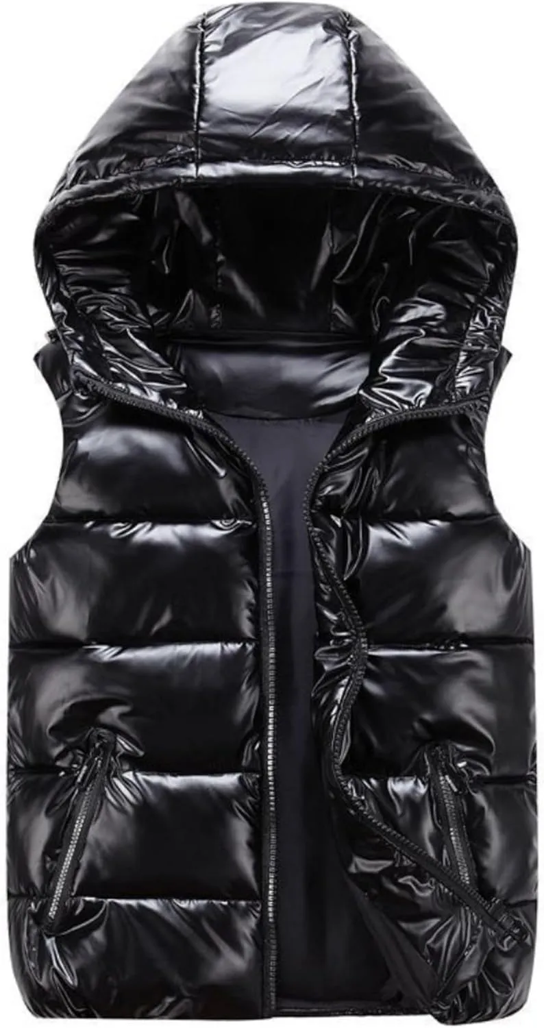 FindThy Womens Shiny Puffer Down Vest Quilted Zip Up Hat Collar Pocketed Sleeveless Jacket