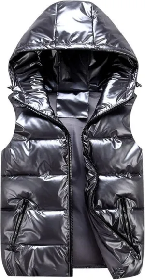 FindThy Womens Shiny Puffer Down Vest Quilted Zip Up Hat Collar Pocketed Sleeveless Jacket