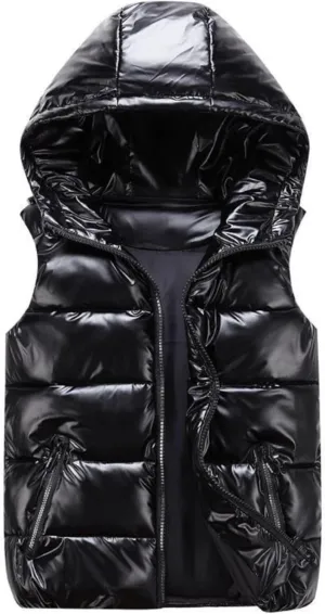 FindThy Womens Shiny Puffer Down Vest Quilted Zip Up Hat Collar Pocketed Sleeveless Jacket