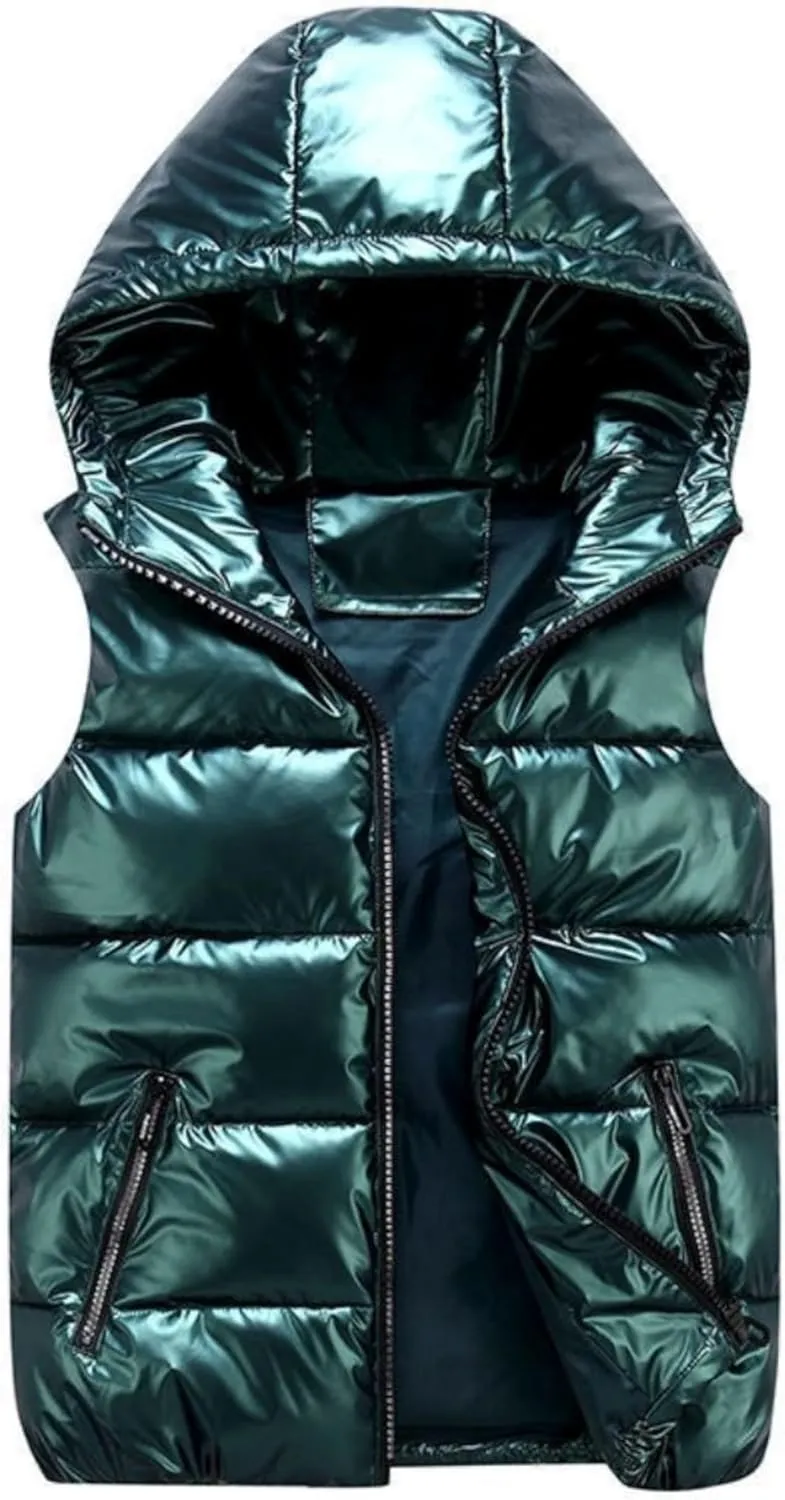 FindThy Womens Shiny Puffer Down Vest Quilted Zip Up Hat Collar Pocketed Sleeveless Jacket