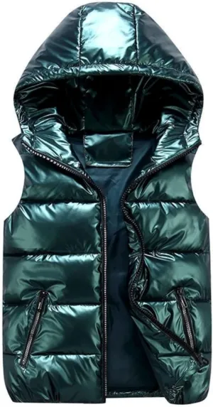 FindThy Womens Shiny Puffer Down Vest Quilted Zip Up Hat Collar Pocketed Sleeveless Jacket
