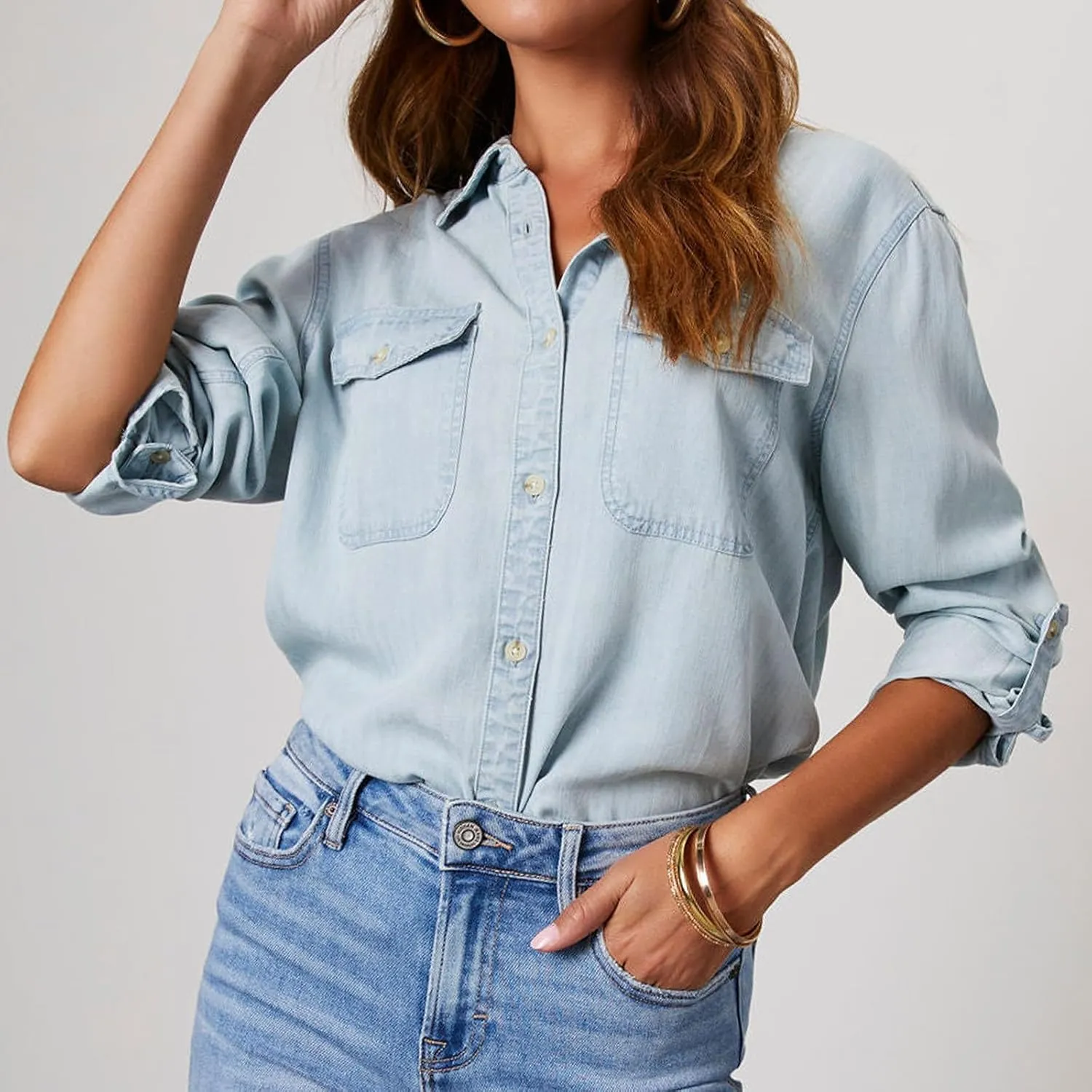 Firzero Womens Summer Tops Oversized Jean Jacket Trendy Long Sleeve Button Down Denim Jacket Western Work Jacket with Pockets