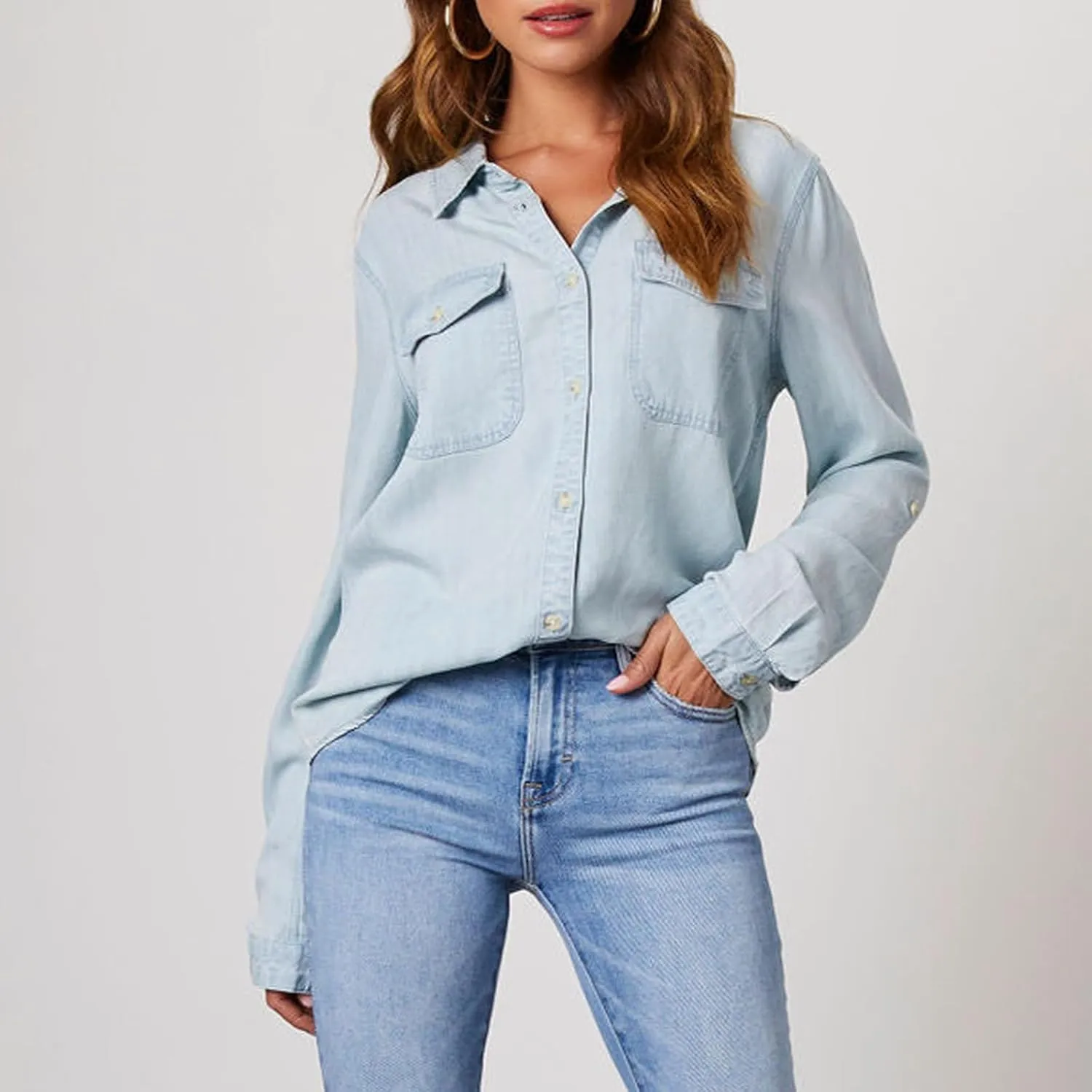 Firzero Womens Summer Tops Oversized Jean Jacket Trendy Long Sleeve Button Down Denim Jacket Western Work Jacket with Pockets