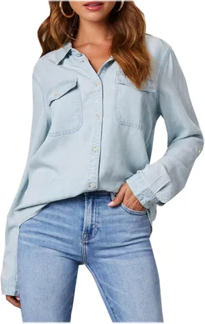 Firzero Womens Summer Tops Oversized Jean Jacket Trendy Long Sleeve Button Down Denim Jacket Western Work Jacket with Pockets