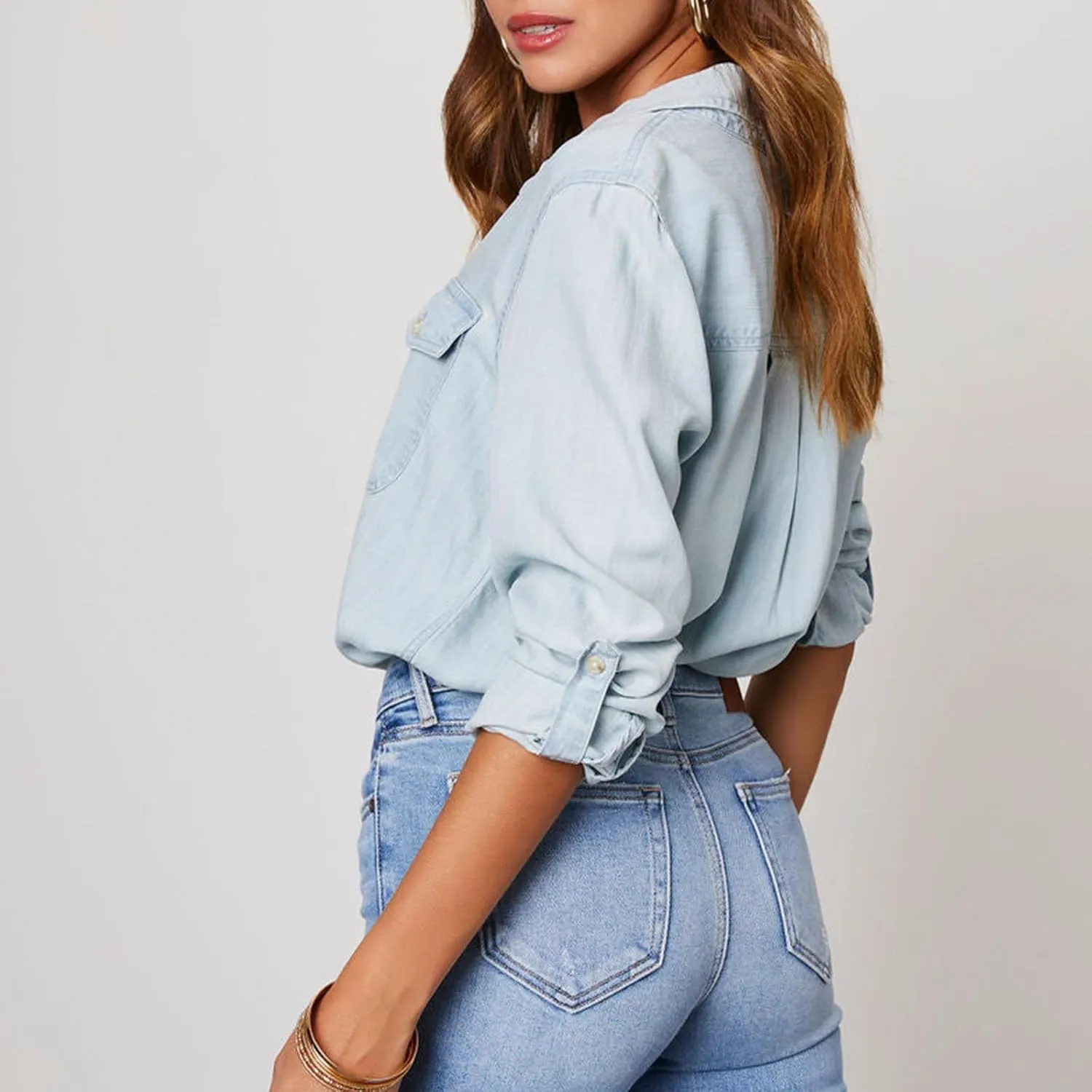 Firzero Womens Summer Tops Oversized Jean Jacket Trendy Long Sleeve Button Down Denim Jacket Western Work Jacket with Pockets