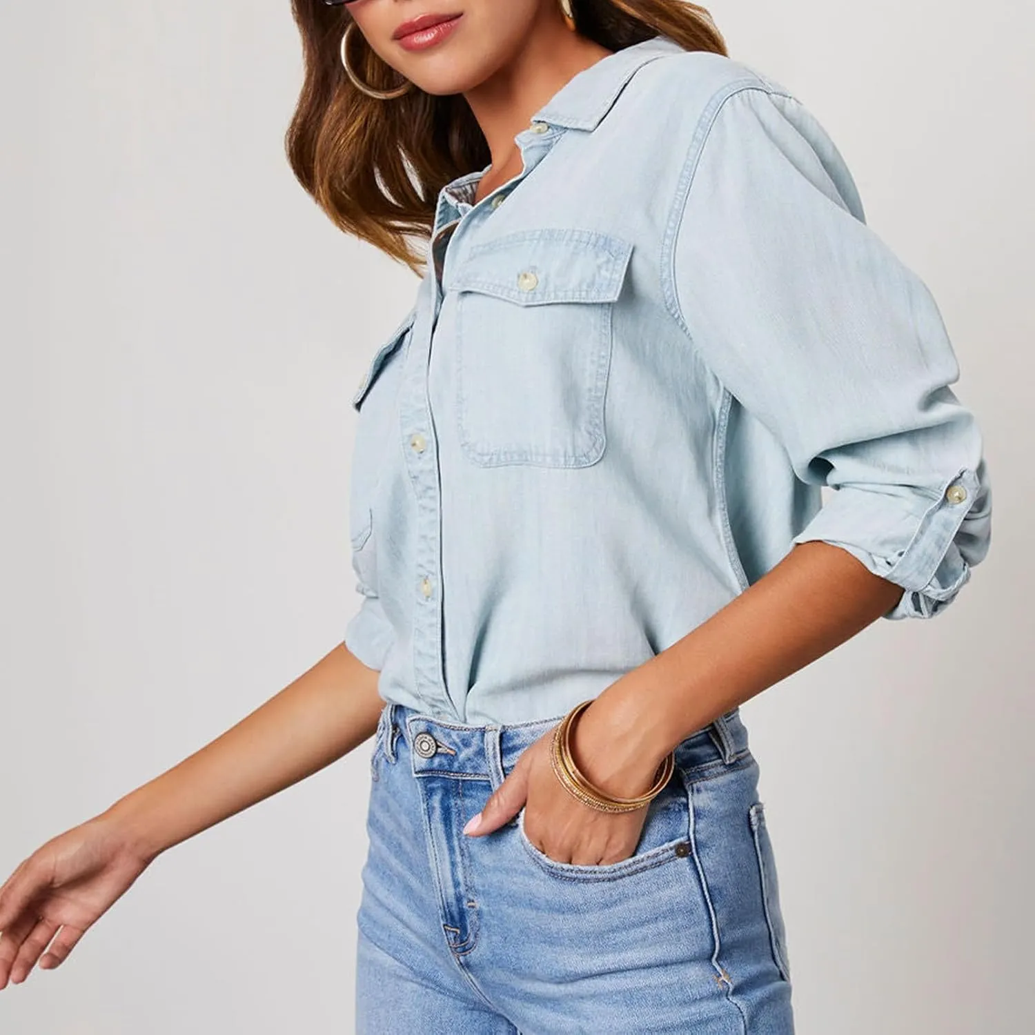 Firzero Womens Summer Tops Oversized Jean Jacket Trendy Long Sleeve Button Down Denim Jacket Western Work Jacket with Pockets