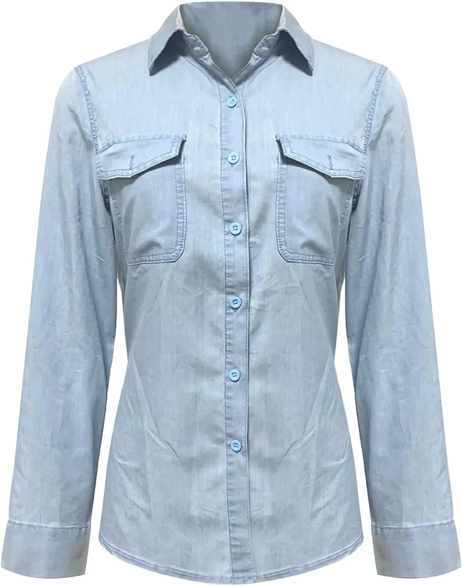 Firzero Womens Summer Tops Oversized Jean Jacket Trendy Long Sleeve Button Down Denim Jacket Western Work Jacket with Pockets