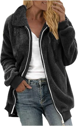 Fleece Jacket for Women Winter Warm Zip Up Stand Collar Coat Fluffy Sherpa Outerwear with Pockets
