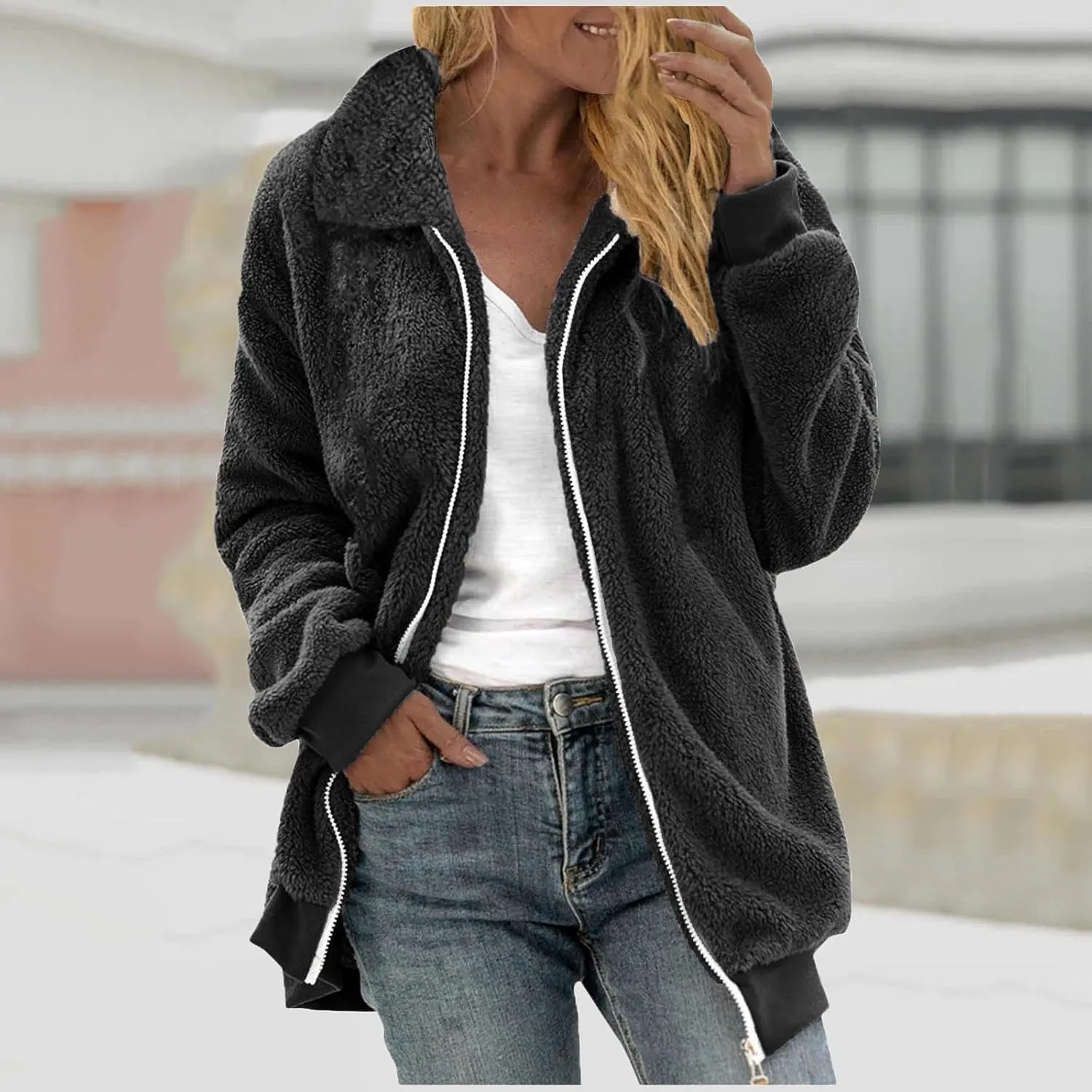 Fleece Jacket for Women Winter Warm Zip Up Stand Collar Coat Fluffy Sherpa Outerwear with Pockets