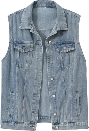 HALITOSS Women Button Down Mid Long Denim Jean Vest Waistcoat Sleeveless Jacket