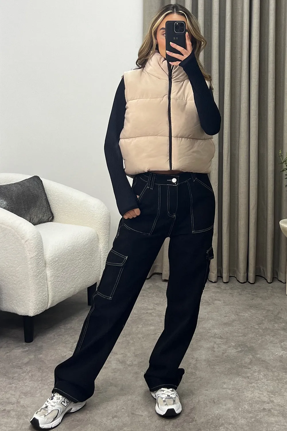 Hana Beige Zip Up Cropped Puffer Gilet