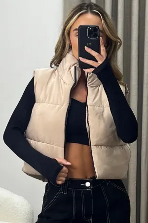 Hana Beige Zip Up Cropped Puffer Gilet