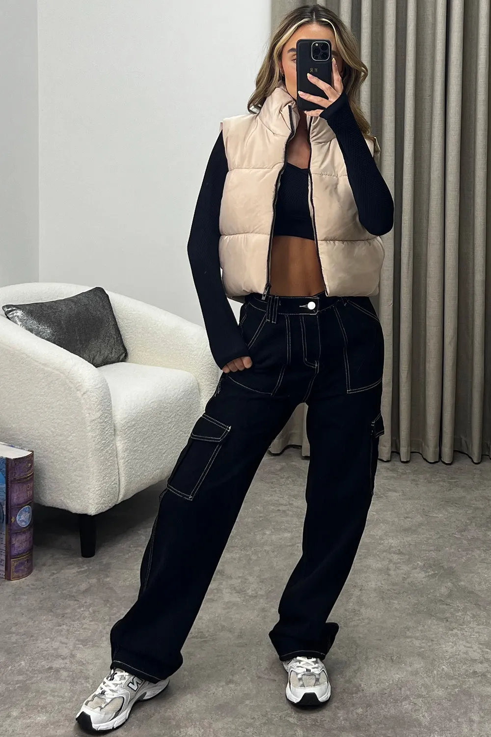 Hana Beige Zip Up Cropped Puffer Gilet