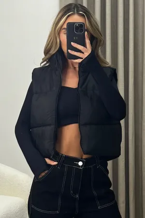 Hana Black Zip Up Cropped Puffer Gilet