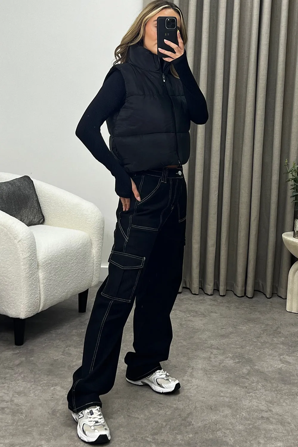 Hana Black Zip Up Cropped Puffer Gilet
