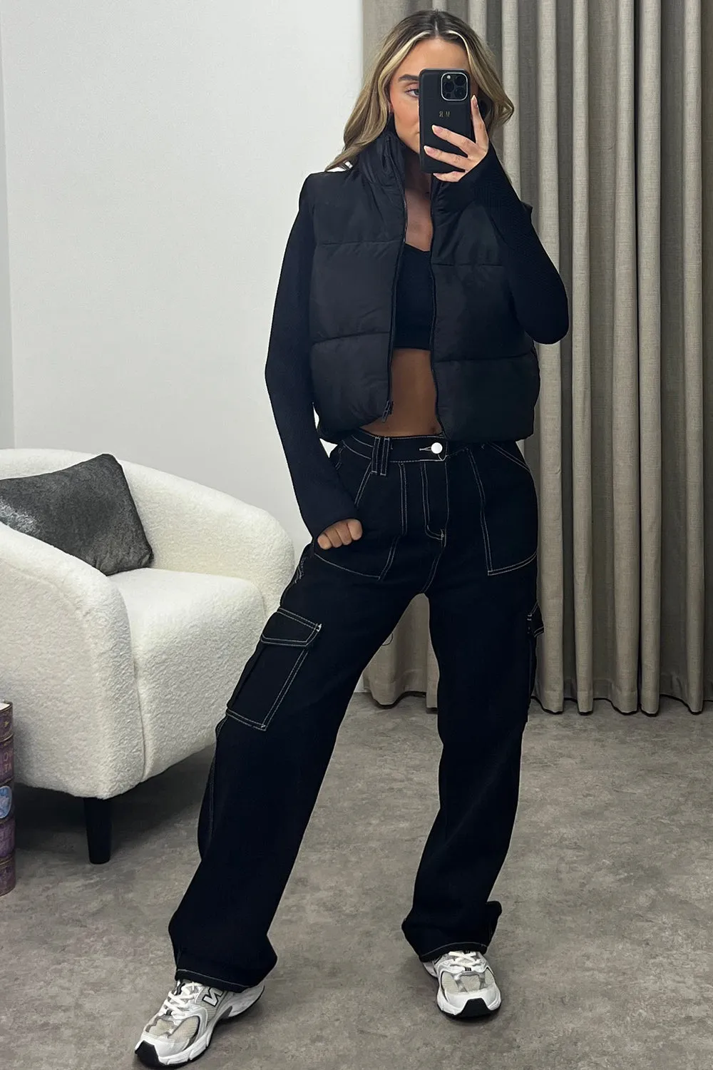 Hana Black Zip Up Cropped Puffer Gilet