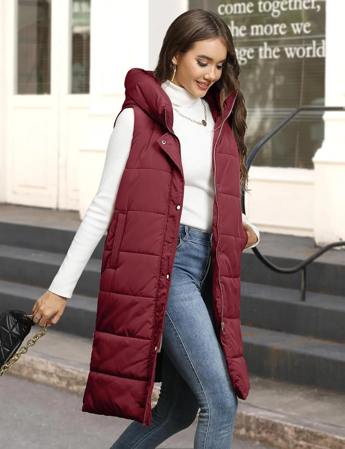 HEEKPEK Womens Puffer Vest Winter Hooded Sleeveless Zip Up Long Puffy Jacket Warm Thick Quilted Coats with Pockets