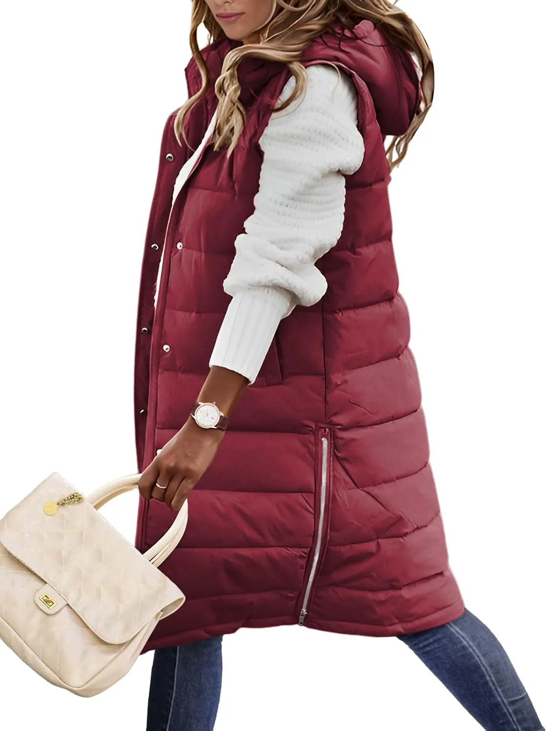 HEEKPEK Womens Puffer Vest Winter Hooded Sleeveless Zip Up Long Puffy Jacket Warm Thick Quilted Coats with Pockets