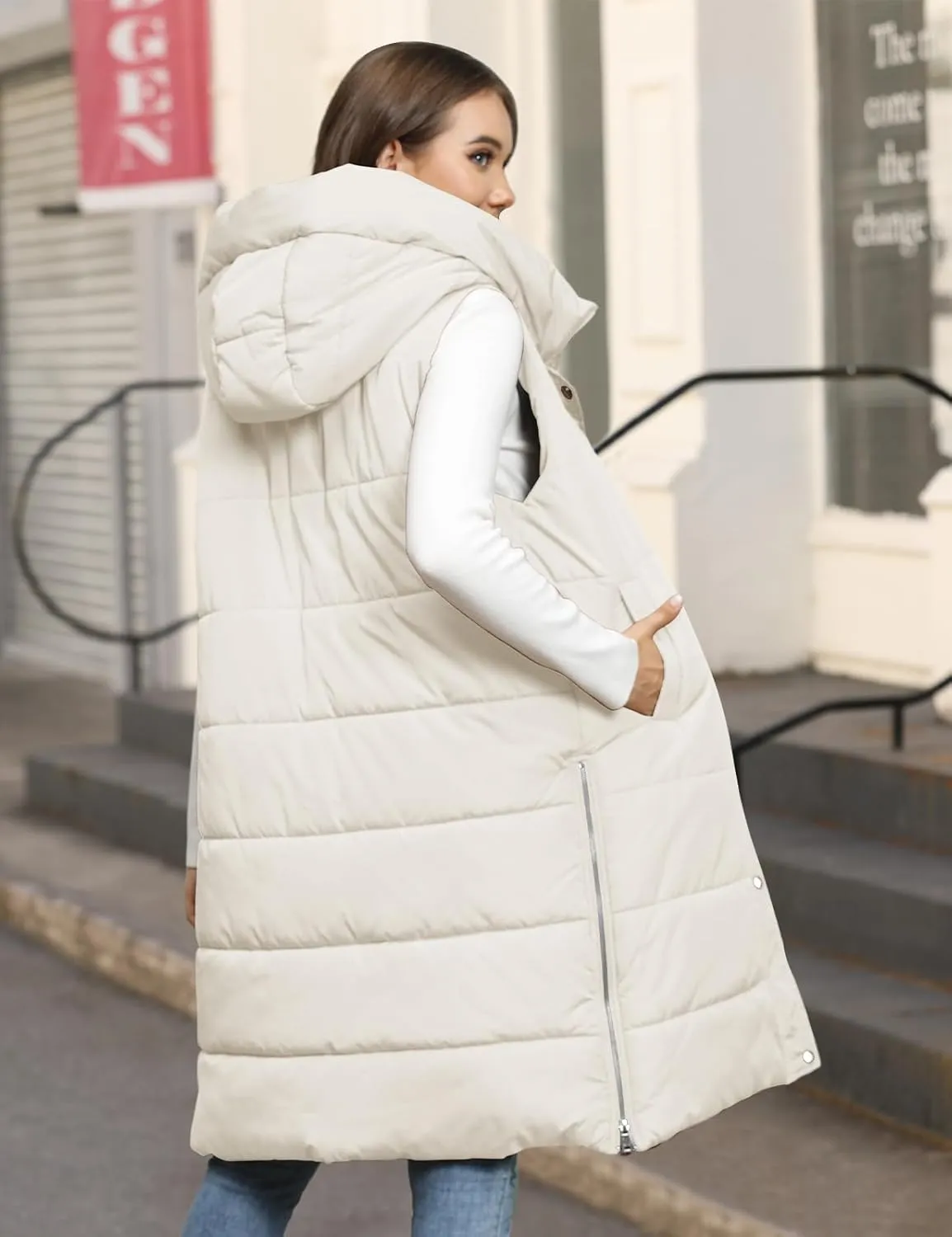 HEEKPEK Womens Puffer Vest Winter Hooded Sleeveless Zip Up Long Puffy Jacket Warm Thick Quilted Coats with Pockets