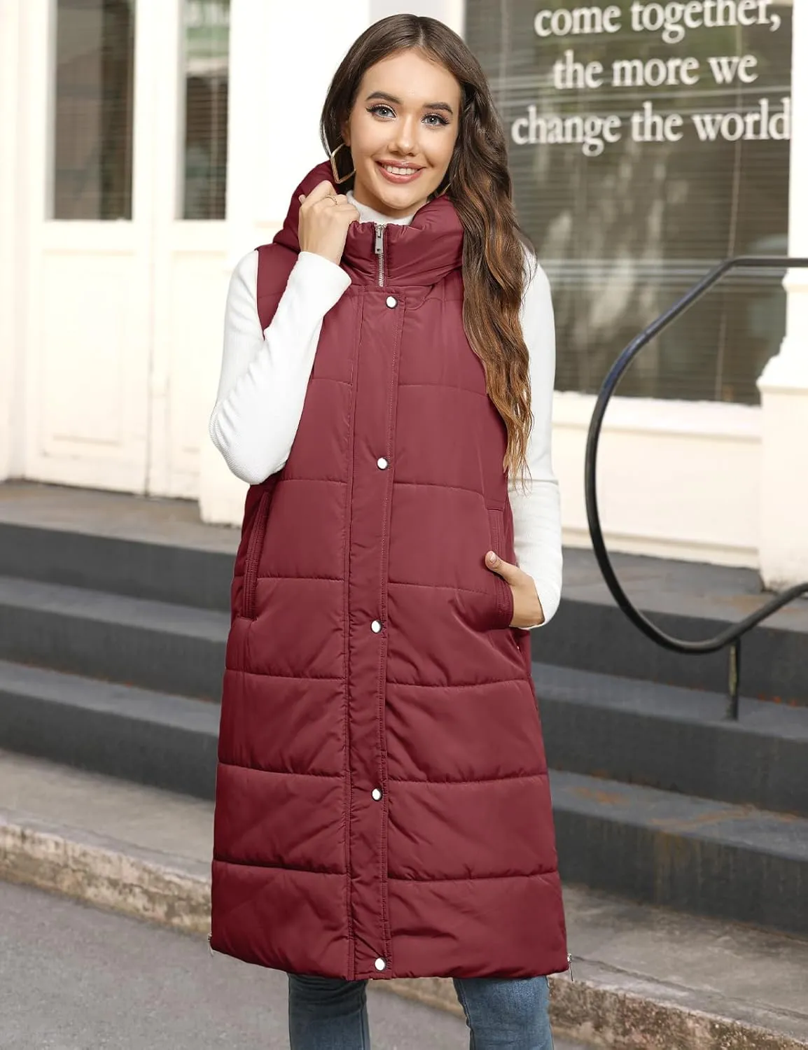 HEEKPEK Womens Puffer Vest Winter Hooded Sleeveless Zip Up Long Puffy Jacket Warm Thick Quilted Coats with Pockets