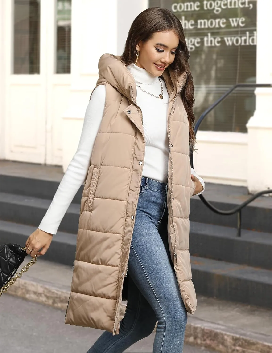 HEEKPEK Womens Puffer Vest Winter Hooded Sleeveless Zip Up Long Puffy Jacket Warm Thick Quilted Coats with Pockets