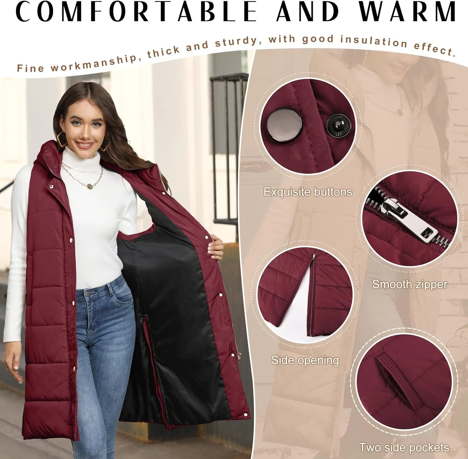 HEEKPEK Womens Puffer Vest Winter Hooded Sleeveless Zip Up Long Puffy Jacket Warm Thick Quilted Coats with Pockets