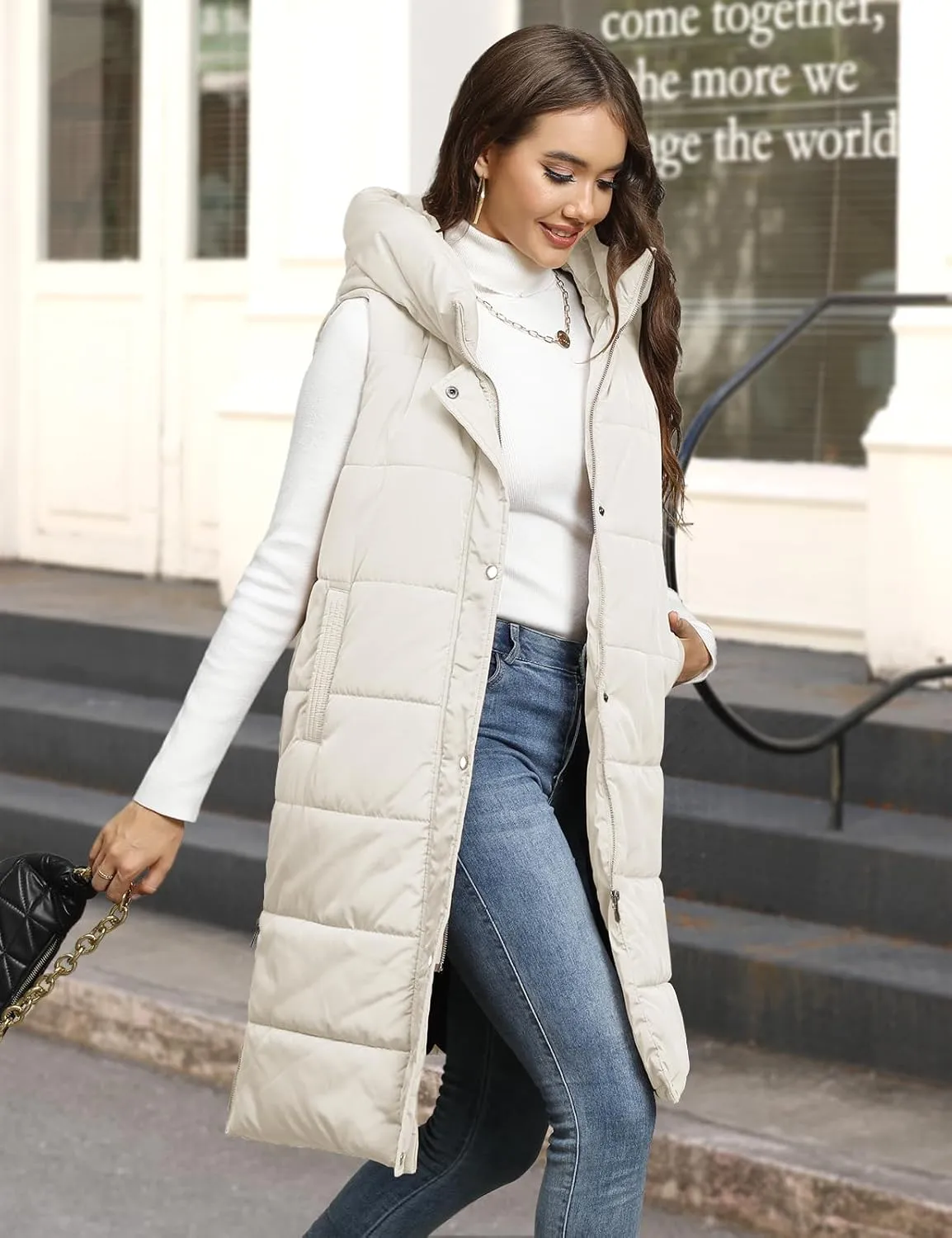 HEEKPEK Womens Puffer Vest Winter Hooded Sleeveless Zip Up Long Puffy Jacket Warm Thick Quilted Coats with Pockets