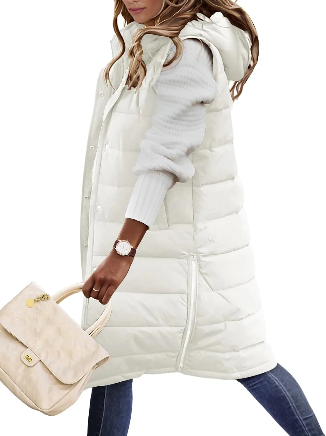 HEEKPEK Womens Puffer Vest Winter Hooded Sleeveless Zip Up Long Puffy Jacket Warm Thick Quilted Coats with Pockets