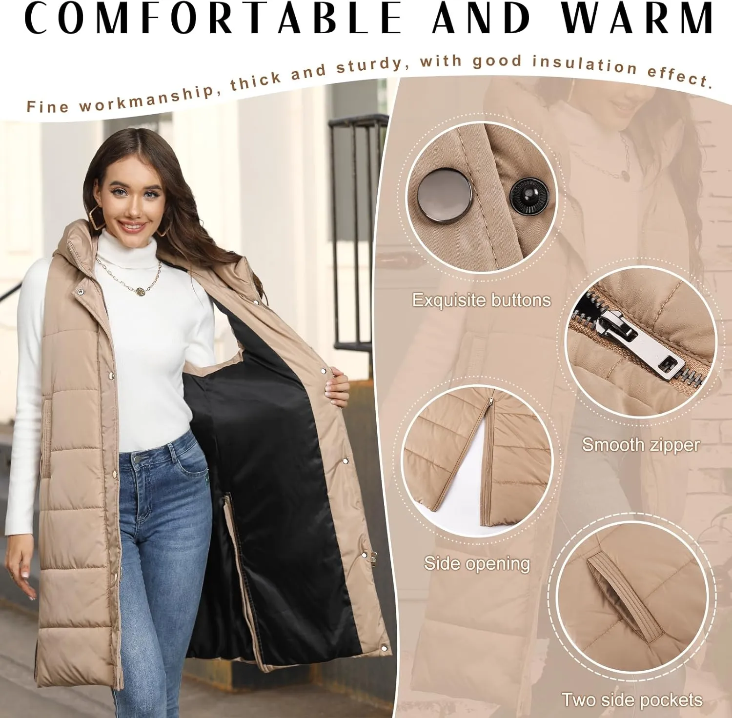 HEEKPEK Womens Puffer Vest Winter Hooded Sleeveless Zip Up Long Puffy Jacket Warm Thick Quilted Coats with Pockets