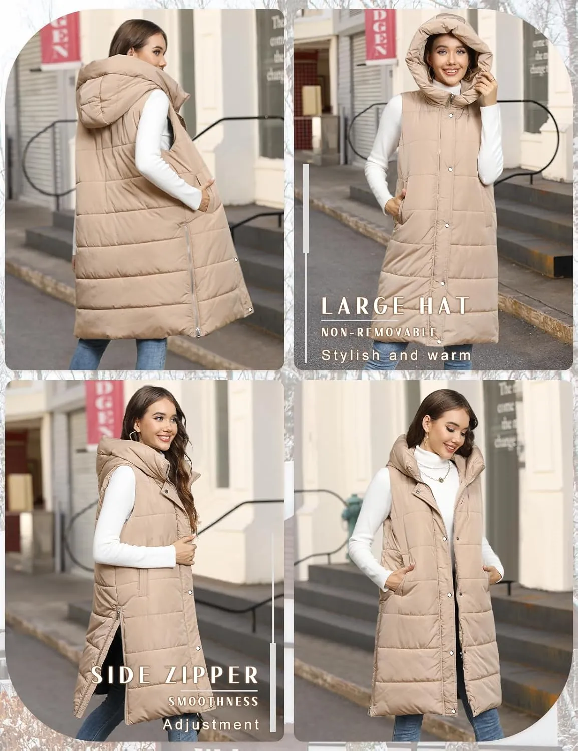 HEEKPEK Womens Puffer Vest Winter Hooded Sleeveless Zip Up Long Puffy Jacket Warm Thick Quilted Coats with Pockets
