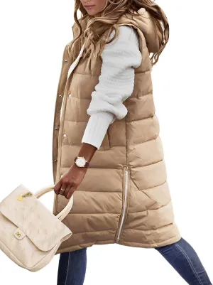 HEEKPEK Womens Puffer Vest Winter Hooded Sleeveless Zip Up Long Puffy Jacket Warm Thick Quilted Coats with Pockets