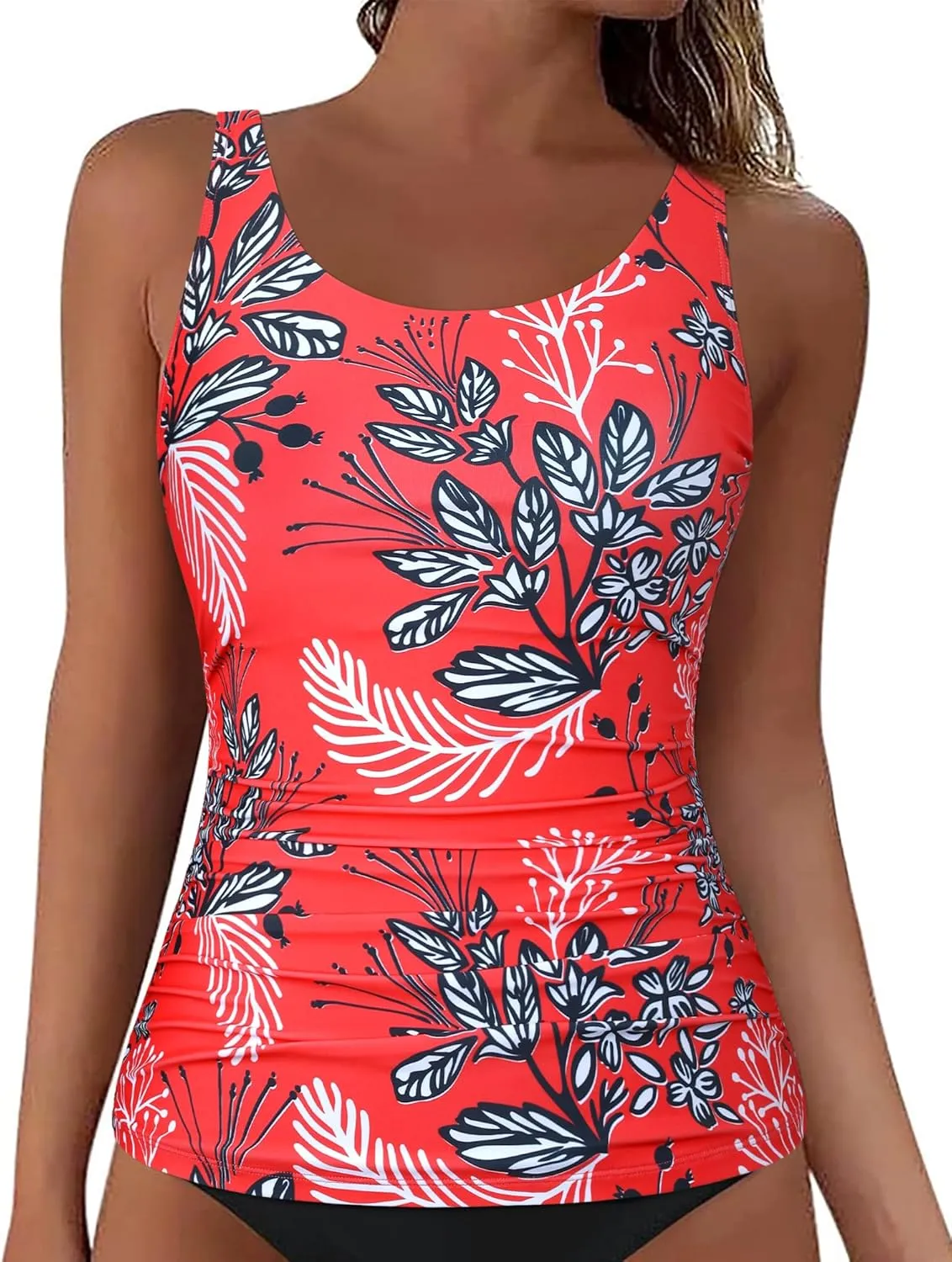 Hilor Women's Underwire Tankini Top Swimsuit Tummy Control Bathing Suit Tops Retro Tank Top Swimwear Modest Swim Top Only