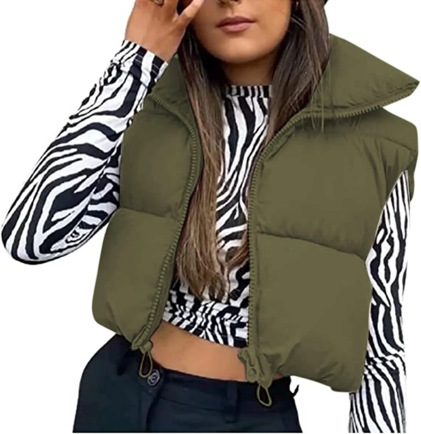 Hixiaohe Women's Winter Crop Vest Puffer Lightweight Stand Collar Padded Vest Zip Up Sleeveless Jacket