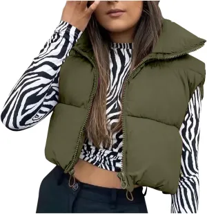 Hvyesh Women's Cropped Puffer Vest Winter Jackets Full Zip Stand Collar Sleeveless Cotton Padded Bubble Lightweight Outwear