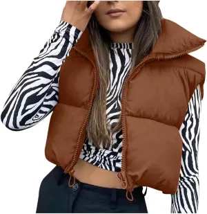 Hvyesh Women's Cropped Puffer Vest Winter Jackets Full Zip Stand Collar Sleeveless Cotton Padded Bubble Lightweight Outwear