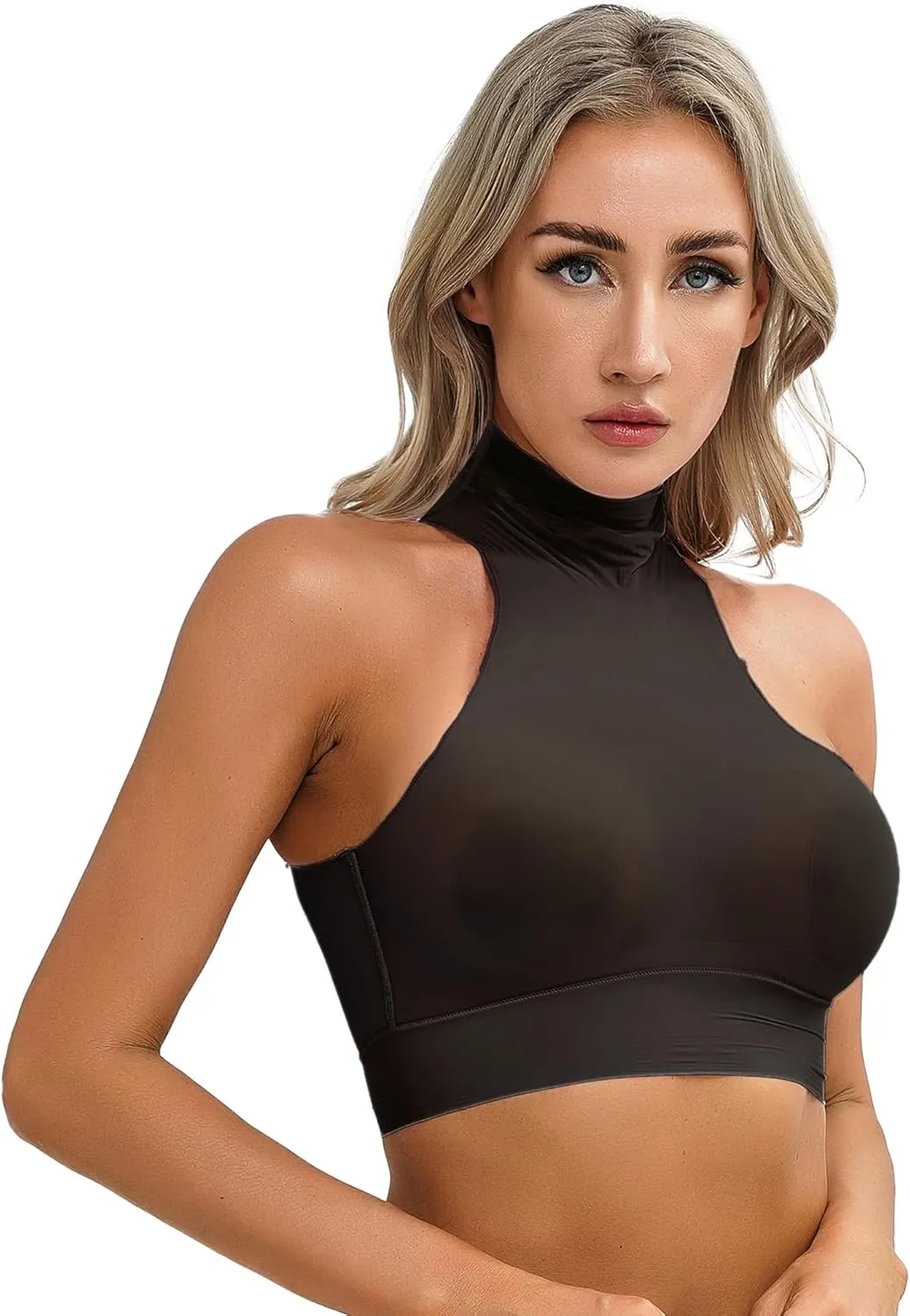 iiniim Women's Tank Top Sexy Crop Halter Top Sleeveless Solid Glossy Basic Camisole Sheer Tube Top