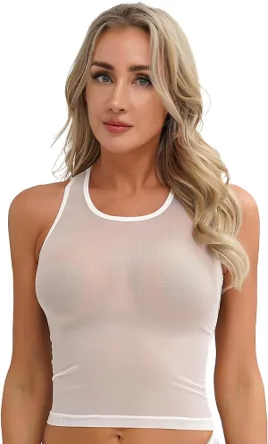 iiniim Women's Tank Top Sexy Crop Halter Top Sleeveless Solid Glossy Basic Camisole Sheer Tube Top