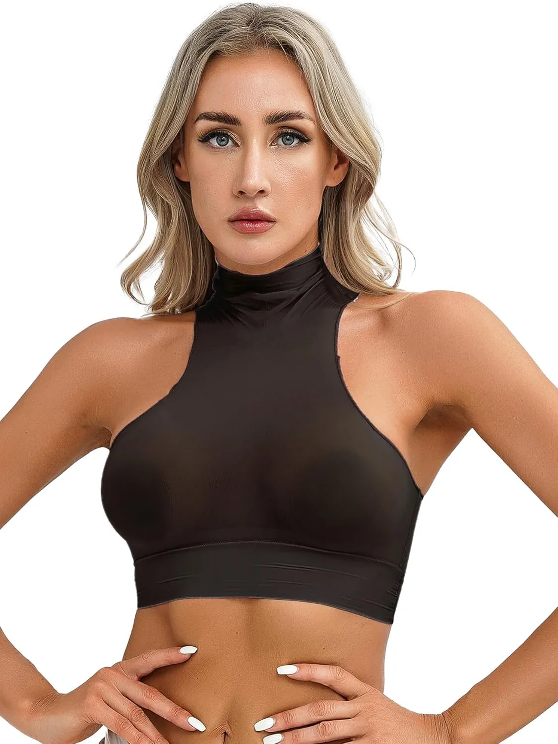 iiniim Women's Tank Top Sexy Crop Halter Top Sleeveless Solid Glossy Basic Camisole Sheer Tube Top