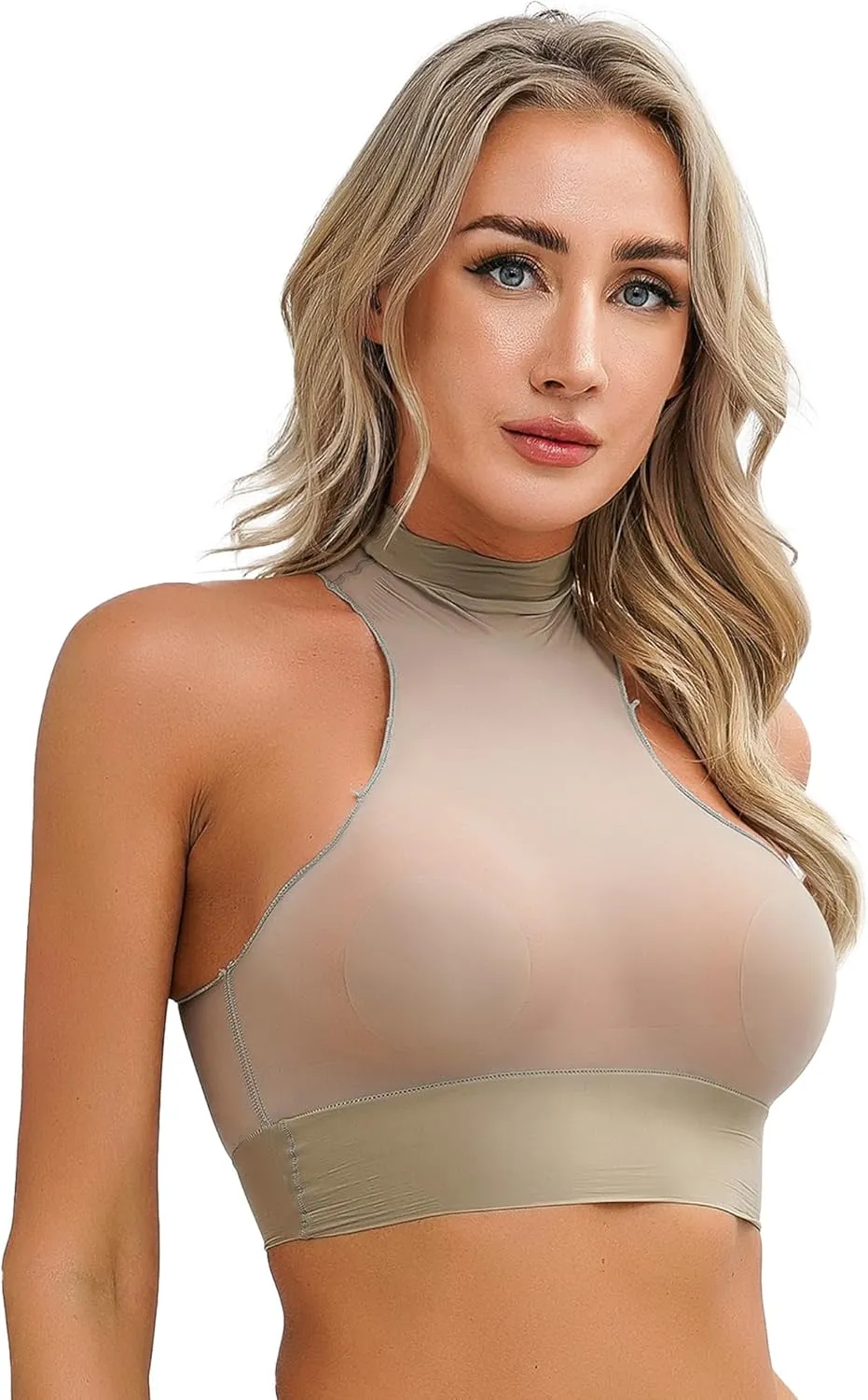 iiniim Women's Tank Top Sexy Crop Halter Top Sleeveless Solid Glossy Basic Camisole Sheer Tube Top