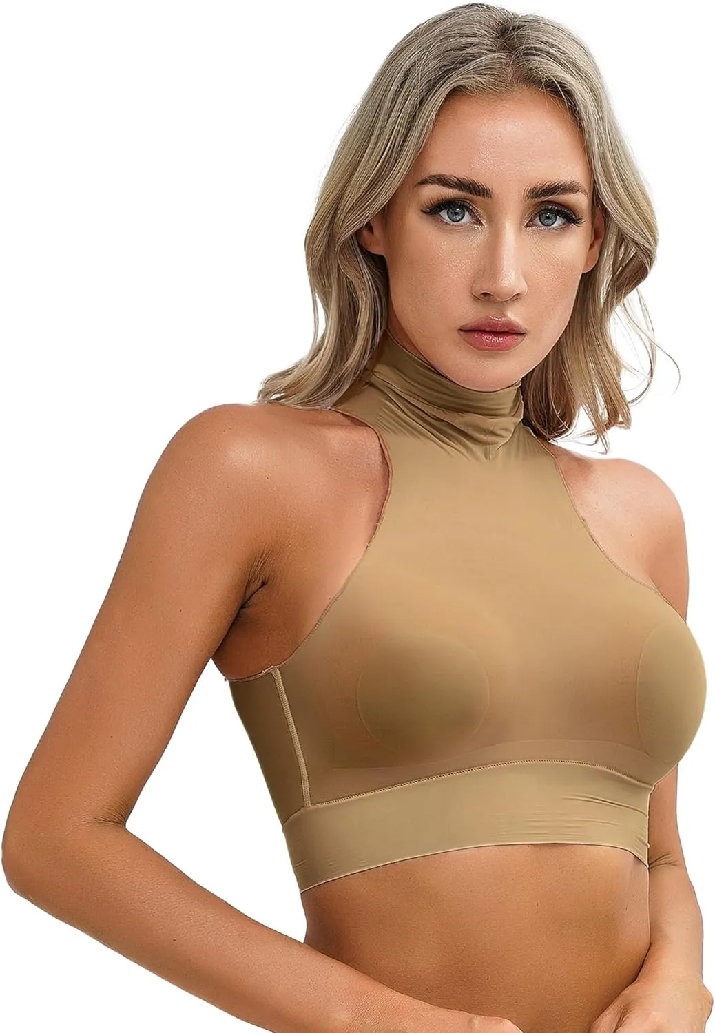 iiniim Women's Tank Top Sexy Crop Halter Top Sleeveless Solid Glossy Basic Camisole Sheer Tube Top