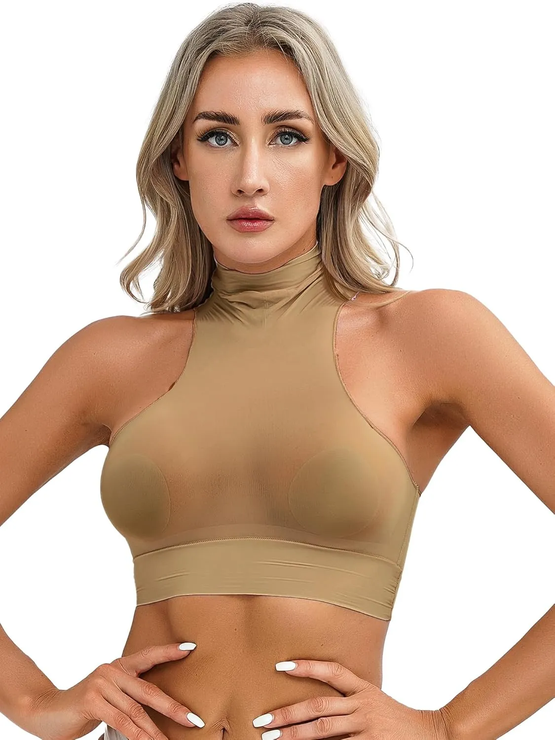 iiniim Women's Tank Top Sexy Crop Halter Top Sleeveless Solid Glossy Basic Camisole Sheer Tube Top
