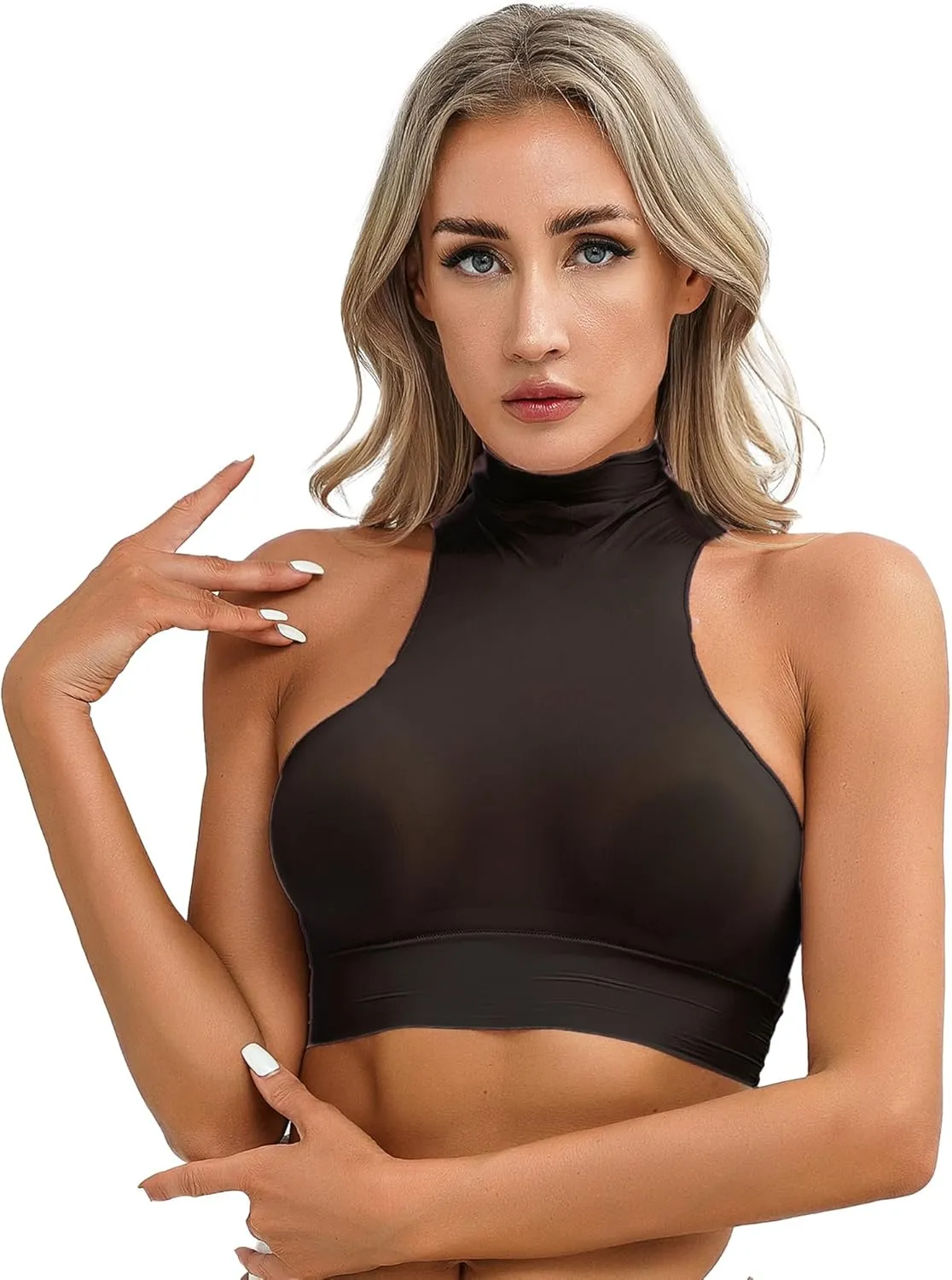 iiniim Women's Tank Top Sexy Crop Halter Top Sleeveless Solid Glossy Basic Camisole Sheer Tube Top