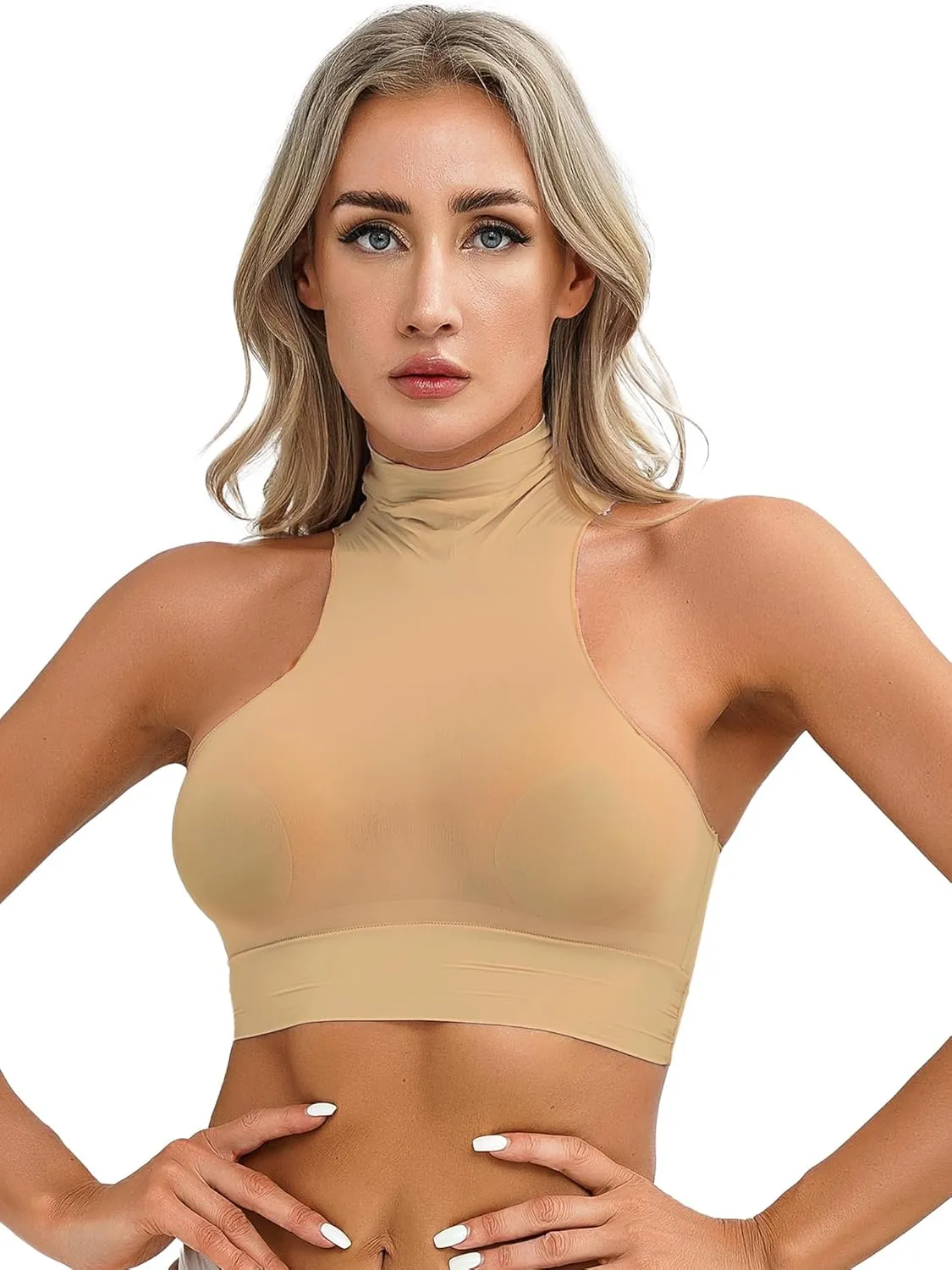 iiniim Women's Tank Top Sexy Crop Halter Top Sleeveless Solid Glossy Basic Camisole Sheer Tube Top