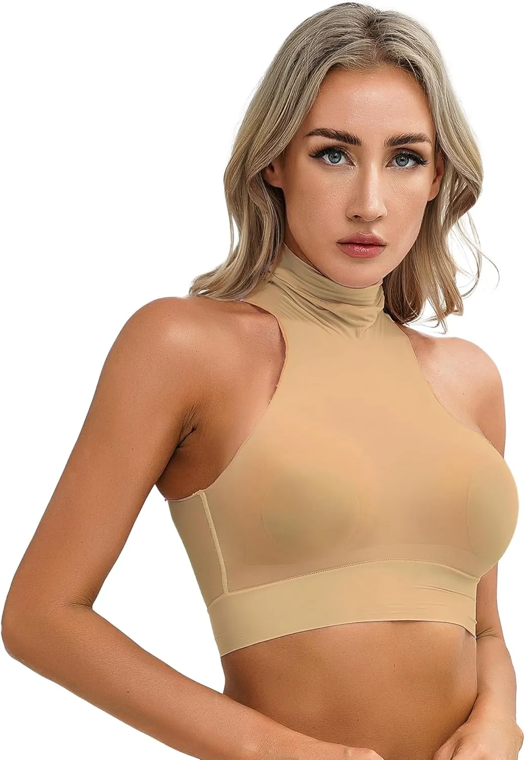 iiniim Women's Tank Top Sexy Crop Halter Top Sleeveless Solid Glossy Basic Camisole Sheer Tube Top