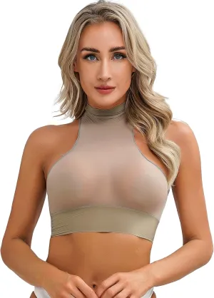 iiniim Women's Tank Top Sexy Crop Halter Top Sleeveless Solid Glossy Basic Camisole Sheer Tube Top