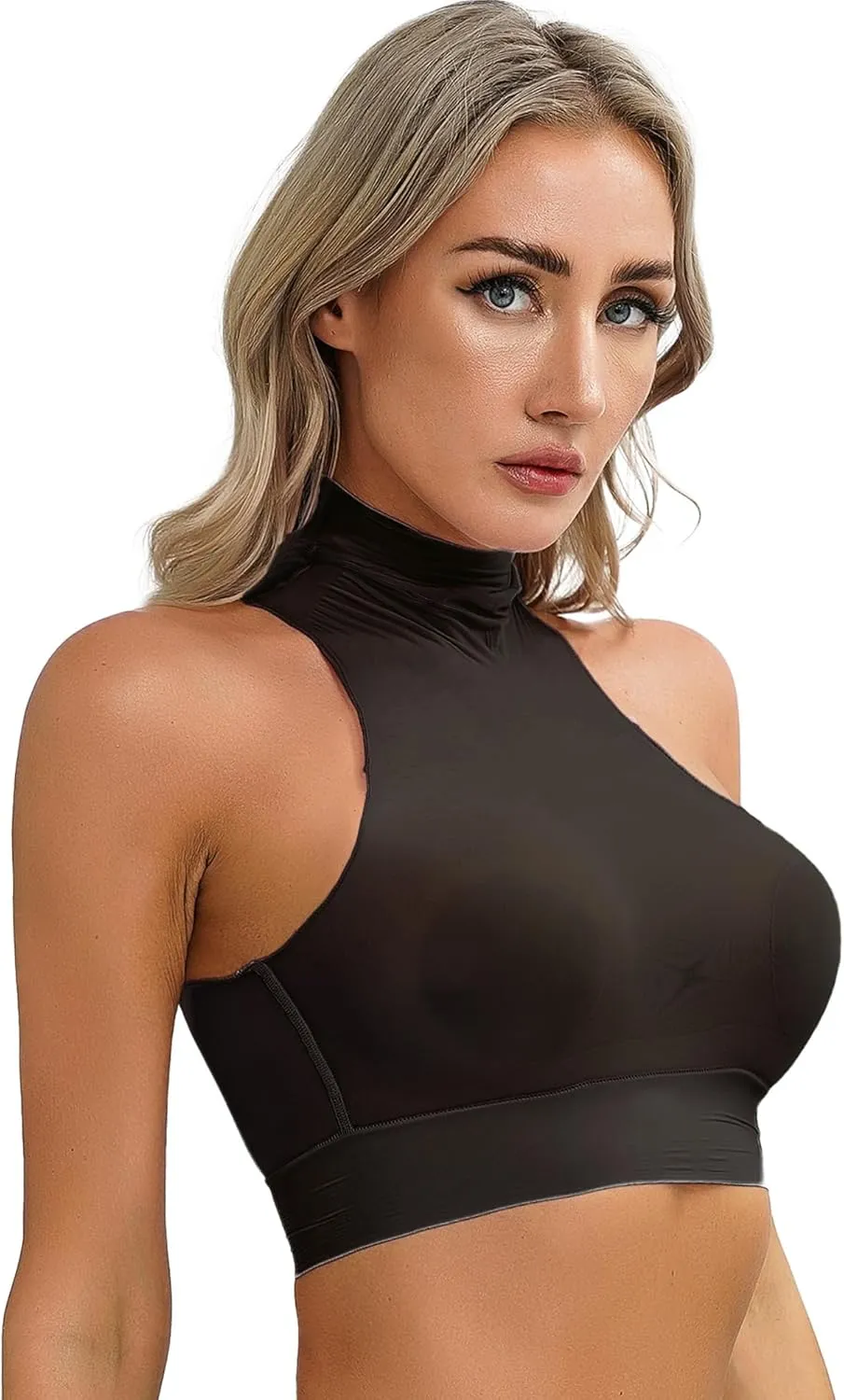 iiniim Women's Tank Top Sexy Crop Halter Top Sleeveless Solid Glossy Basic Camisole Sheer Tube Top