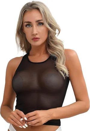iiniim Women's Tank Top Sexy Crop Halter Top Sleeveless Solid Glossy Basic Camisole Sheer Tube Top